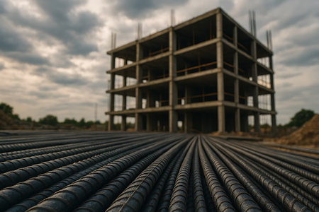 A low angle view showcases steel rebar with a building under construction against dramatic clouds.の素材
