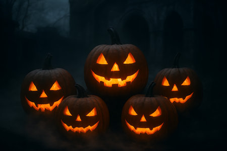 Five glowing Jack-o'-lanterns create an eerie yet festive atmosphere in a dark, misty setting.の素材
