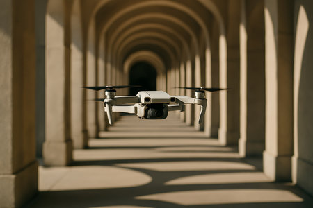 A compact drone hovers gracefully in an architectural colonnade bathed in warm sunlight patterns.の素材