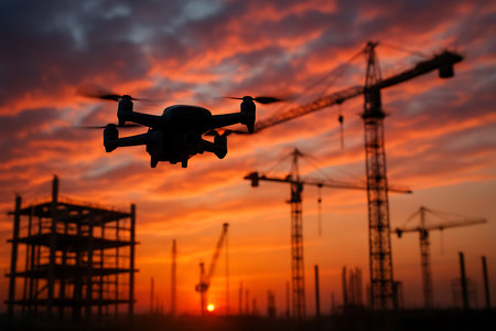 Silhouette of a drone in flight over construction site with intense orange and red sunset sky.の素材