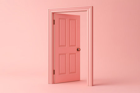 A salmon-colored door stands slightly ajar in a matching room, inviting curiosity and possibility.の素材