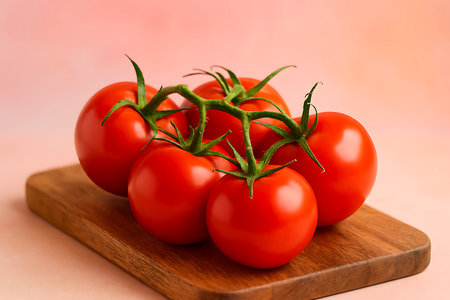 Vibrant red tomatoes on the vine sit atop a wooden cutting board with a soft pink background.の素材