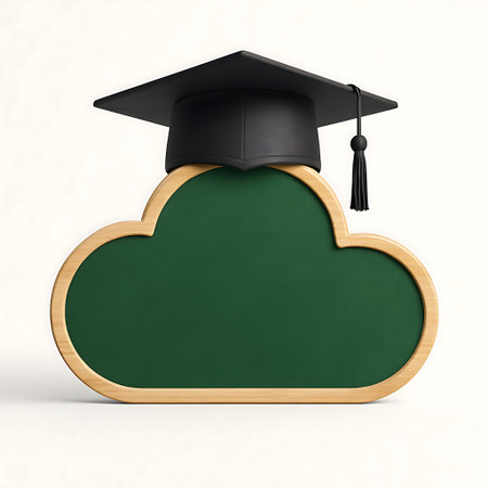 A graduation mortarboard sits atop a cloud-shaped chalkboard against a clean, bright background.の素材