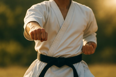 Torso of a martial artist in a white uniform with black belt delivers a focused punch outdoors.の素材