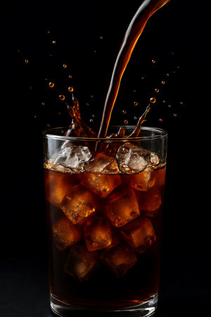 Refreshing cola is being poured into a glass filled with ice on a dark and moody backgroundの素材