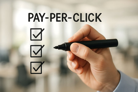 Hand marks three checkboxes for Pay-Per-Click with a black marker on a transparent surface.の素材