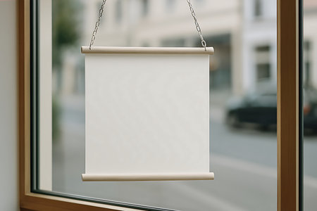 Blank white sign hangs in the window with a muted city street blurred in the background.の素材