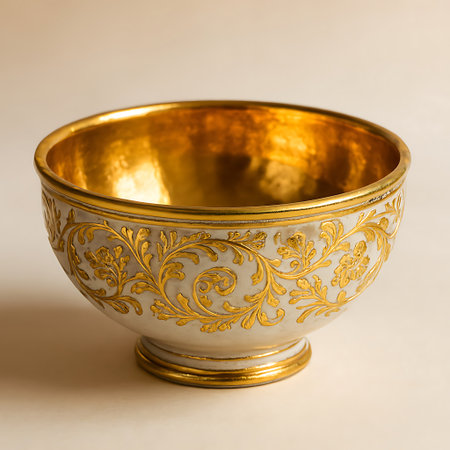 Elegant bowl with intricate golden floral designs and a lustrous, gleaming golden interior surface.の素材