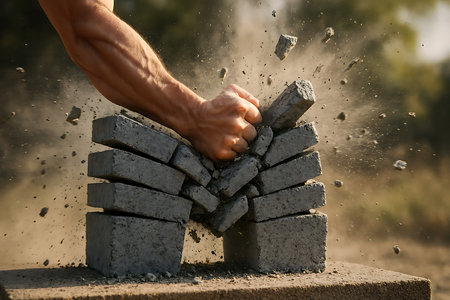 A powerful forearm and hand strike through stack of concrete blocks outside with force and vigor.の素材