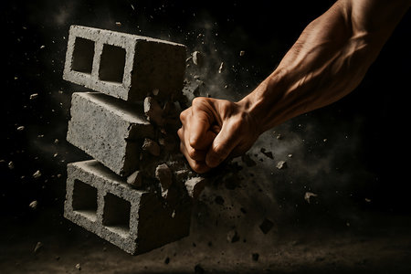 Powerful fist breaks through stack of cinder blocks with force and motion on dark backgroundの素材