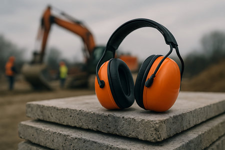 Close-up captures orange safety earmuffs atop stacked concrete slabs on a construction site scene.の素材