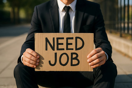 A person in a suit holds a cardboard sign saying Need Job, expressing feelings of desperation.の素材