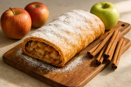 Delicious apple strudel sprinkled with powdered sugar, presented on a wooden board with applesの素材