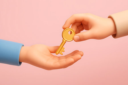 A golden key is passed from one cartoon hand to another, conveying trust and ownership transferの素材