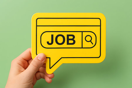 Hand holds yellow chat bubble with the word JOB and a magnifying glass icon symbolizing searching.の素材