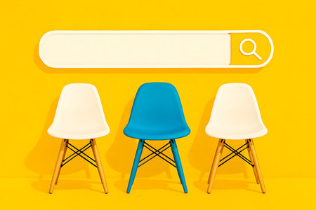 Three chairs stand beneath a blank search bar against a sunny yellow backdrop in a modern style.の素材