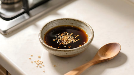 A ceramic bowl holds dark soy sauce sprinkled with toasted sesame seeds, next to a wooden spoon, ideal for a culinary setting.の素材