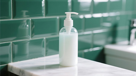 A clear liquid soap dispenser sits on a sleek white marble countertop in a modern bathroom with glossy green subway tiles. The scene conveys freshness and hygiene.の素材