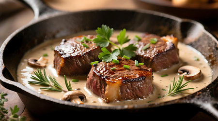 Close-up of perfectly seared steak medallions simmering in a rich creamy mushroom sauce in a cast iron skillet, garnished with fresh herbs.の素材