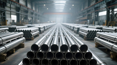 View of numerous polished metal pipes neatly stacked and arranged in rows on the floor of a large, modern industrial factory or warehouse facility.の素材