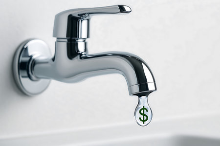A chrome faucet drips a water drop containing a dollar sign, symbolizing financial leakage, the cost of resources, and saving money.の素材