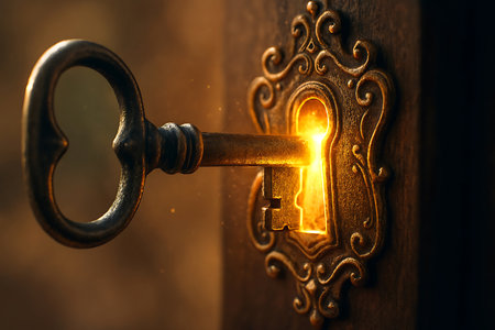 A close-up of an antique, ornate key inserted into a dark keyhole, with a bright golden light glowing from within. This image suggests mystery, discovery, and new opportunities.の素材