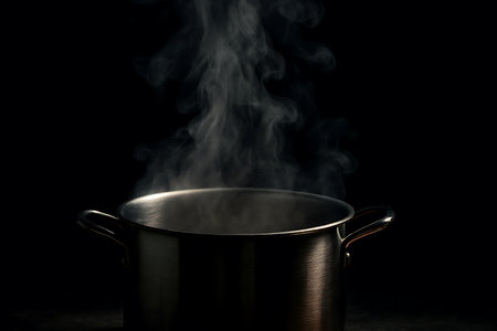 A close-up shot of a sleek stainless steel pot with steam rising from boiling water, set against a mysterious dark background. This image evokes warmth and culinary preparation.の素材
