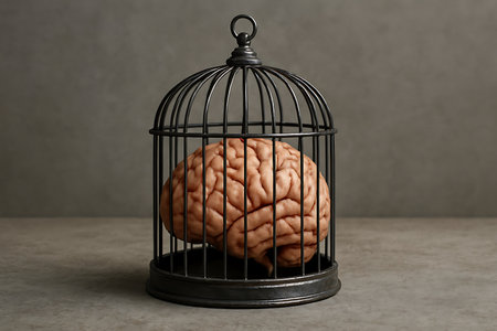 A detailed human brain model is confined inside a dark, vintage metal birdcage, resting on a textured concrete surface.の素材