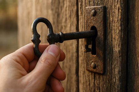 A persons hand carefully inserts an ornate vintage key into a rusted metal lock on a weathered wooden door, suggesting mystery or a new beginning.の素材