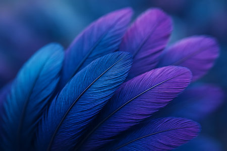 Close-up of vibrant blue and purple feathers showcases intricate patterns and soft textures, forming an elegant and abstract natural background.の素材