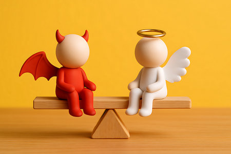 An angel and a devil figure sit perfectly balanced on a wooden seesaw against a yellow background. This conceptual image symbolizes the duality of good and evil, representing moral choices.の素材
