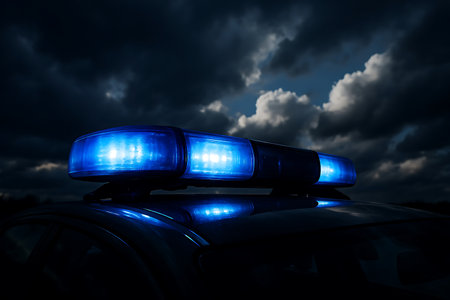 A police vehicles blue emergency lights flash against a dark, cloudy night sky, symbolizing law enforcement presence and urgency.の素材