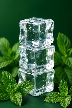 Three glistening ice cubes are stacked vertically, surrounded by fresh green mint leaves on a rich dark green background, conveying a cool and refreshing feel.の素材