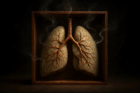 An illustrative image showcasing human lungs inside a wooden box with smoke subtly rising. It symbolizes respiratory health issues or the effects of air pollution.の素材