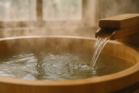 Warm, steaming water gracefully pours into a beautiful wooden soaking tub, creating a serene and tranquil atmosphere for relaxation and wellness.の素材