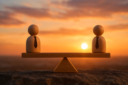 Two wooden figures representing business individuals stand perfectly balanced on a scale, symbolizing equality and fair comparison against a vibrant sunset sky.の素材