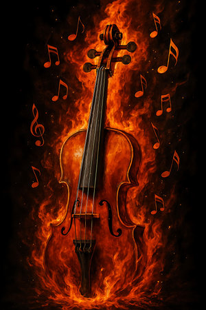 A violin stands amidst a vibrant inferno, surrounded by glowing musical notes and a treble clef, creating a powerful artistic statement.の素材