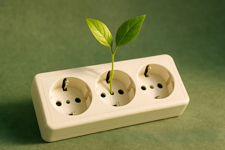 A small green plant emerges from an electrical power strip, visually representing the concept of sustainable, eco-friendly energy.の素材