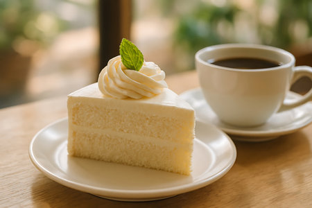 A tempting slice of white cake with creamy frosting and a fresh mint leaf is served alongside a cup of hot black coffee on a rustic wooden table.の素材