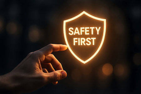 A human hand interacts with a glowing Safety First shield icon on a dark, blurred background, representing protection and the importance of security.の素材