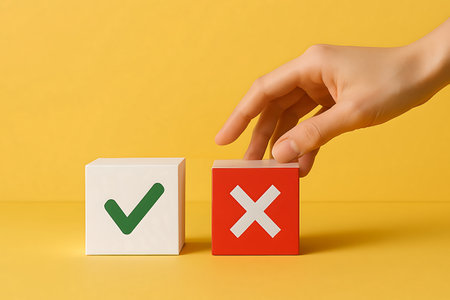 A human hand is reaching towards a red cube marked with a white cross, while a white cube with a green checkmark sits nearby on a yellow background, symbolizing choice.の素材