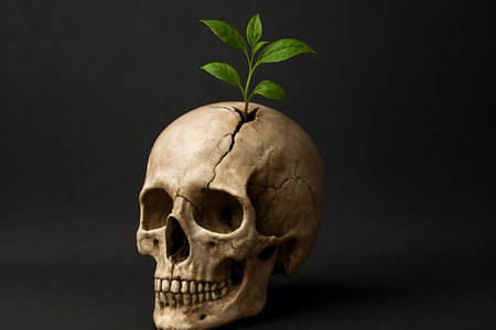 A vibrant green plant sprouts from a crack in a weathered human skull, set against a dark background, symbolizing life, death, and renewal.の素材