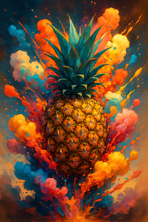 A fresh pineapple is dramatically surrounded by an explosion of vivid, colorful paint splashes and dynamic abstract art, creating an energetic and artistic composition.の素材