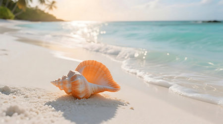 A beautiful conch shell rests on white sandy beach, bathed in the golden light of a tropical sunset with gentle ocean waves.の素材