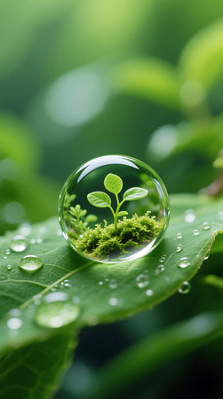 A tiny green plant sprout thrives inside a clear water droplet, nestled on a lush leaf adorned with glistening dewdrops, symbolizing growth.の素材
