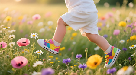 A childs legs in colorful sneakers run joyfully through a sunlit field brimming with diverse wildflowers, capturing a moment of freedom.の素材
