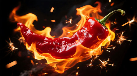 A vibrant red chili pepper is dramatically surrounded by intense orange flames and shimmering golden sparks against a dark background, emphasizing its fiery heat.の素材