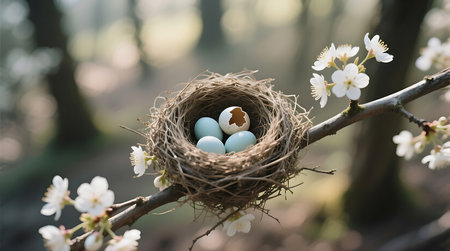 A delicate birds nest nestled on a blooming branch contains three turquoise eggs and one broken shell, symbolizing new life in spring.の素材