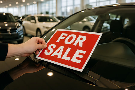 A persons hand places a red For Sale sign on the windshield of a dark-colored car. The setting is a brightly lit car showroom with other vehicles in the background.の素材