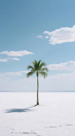 A lone palm tree stands prominently in the center of a vast, white, minimalist landscape under a serene blue sky with soft clouds. Its shadow stretches across the bright ground, creating a stark contrast.の素材